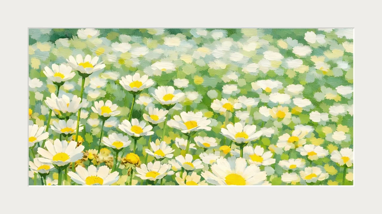 Calming Daisy Meadow Art (White frame) | 4K Ambient Oil Painting for Frame TV (2 Hours)