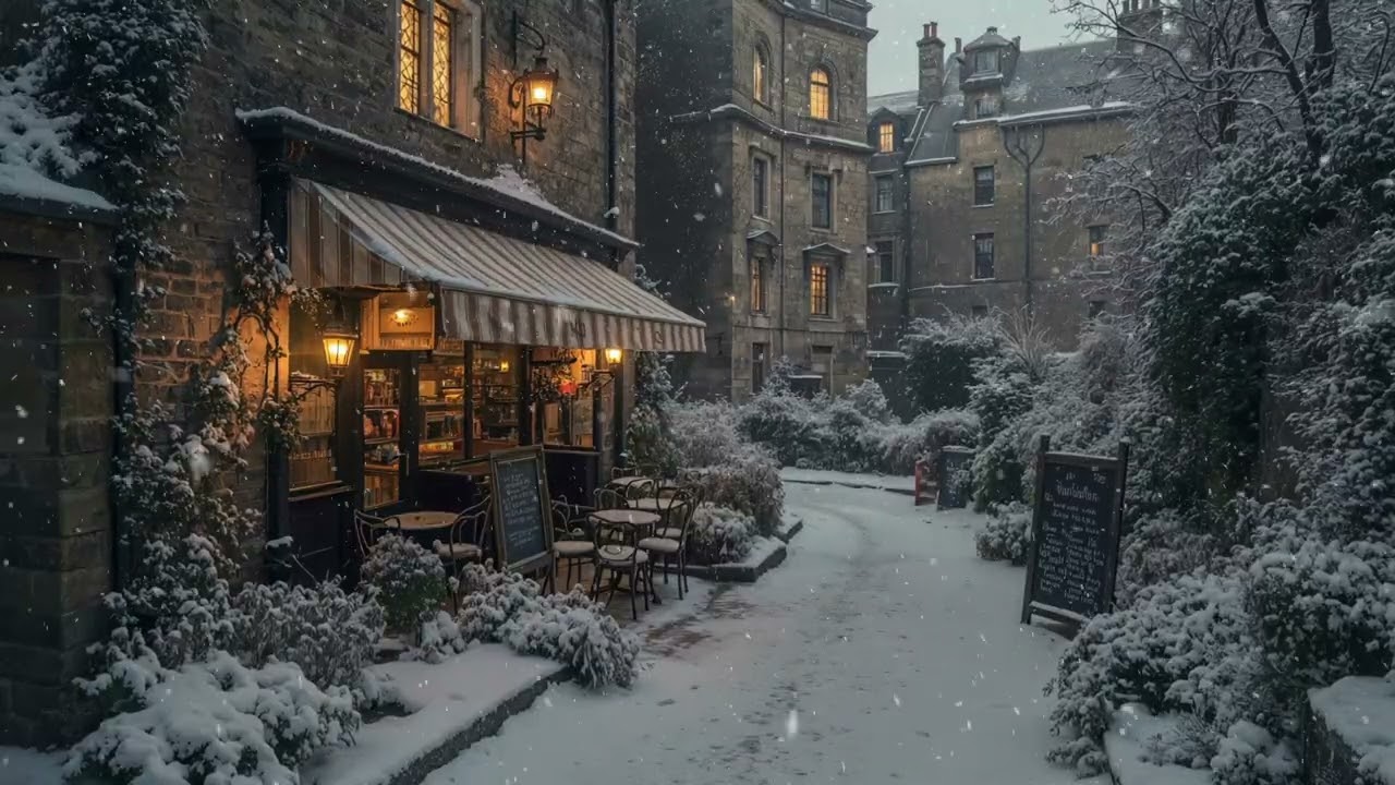 A Winter Coffee Shop Ambience at Dark Street London | Dark Academia for Reading Book | Snowfalling
