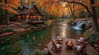 Calm Piano for Autumn Morning Riverside Forest Cabin 🍂🔥 Soft Campfire & Birdsongs for Relaxation screenshot 4