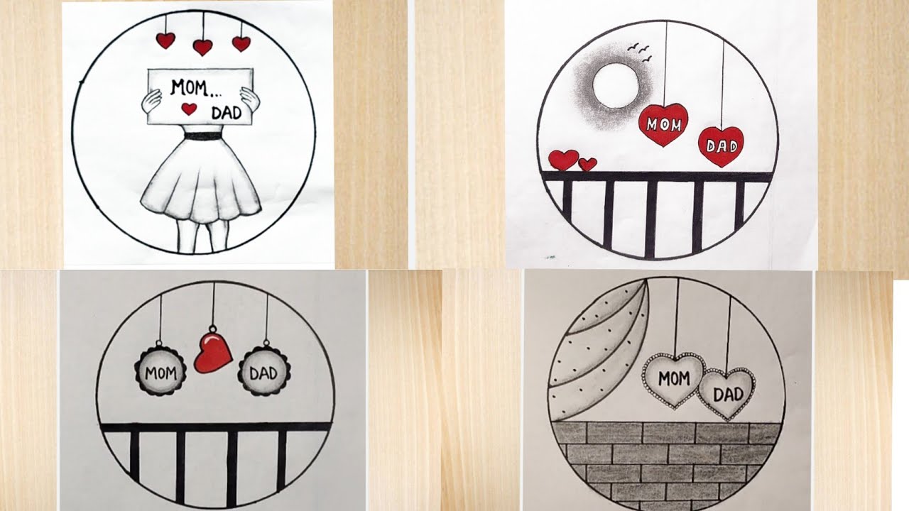 Easy 4 circle scenery mom and dad drawing।। parents drawing step by step।। easy circle pencil sketch