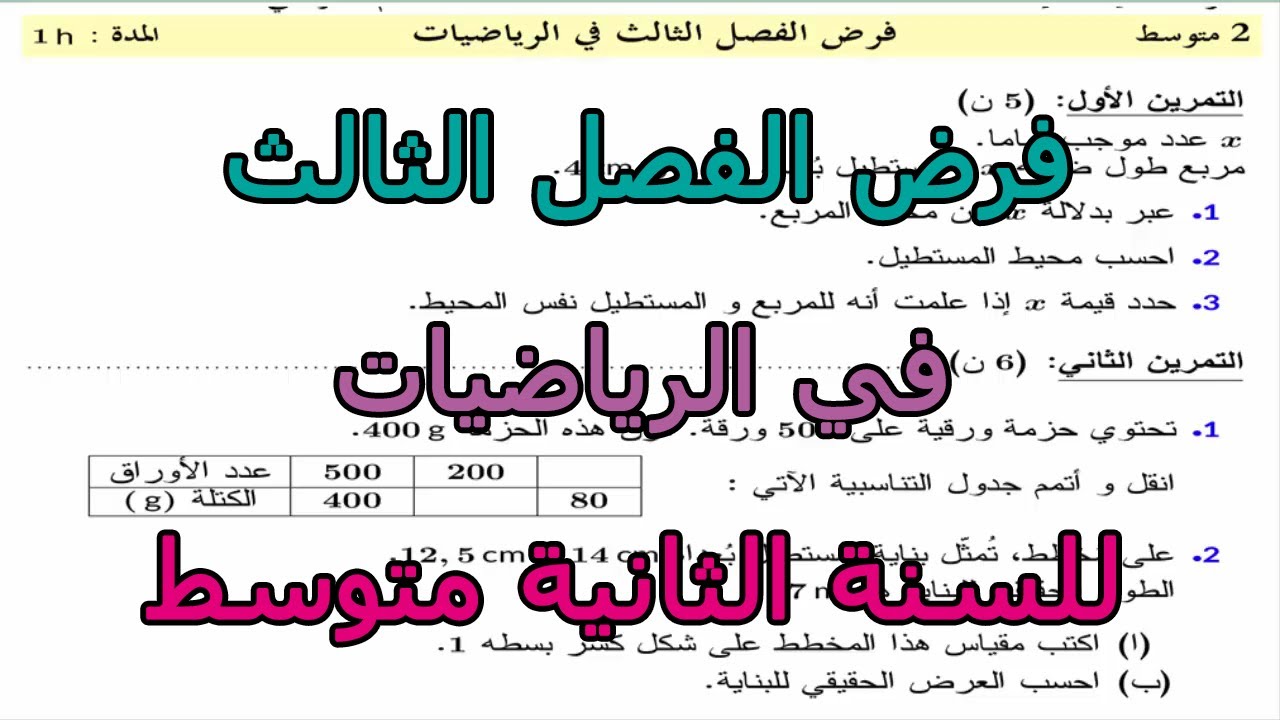 فرض مقترح (رقم 1) في الرياضيات للفصل الثالث للسنة الثانية متوسط 2025
