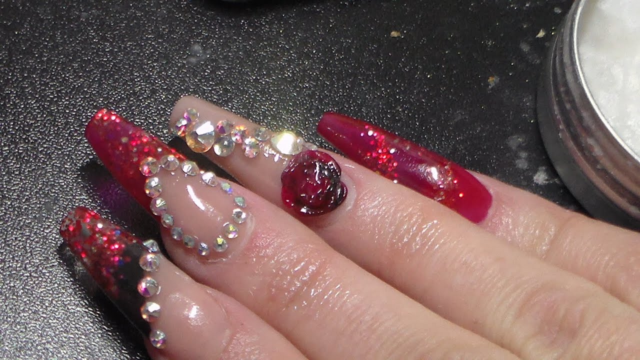 Acrylic Nails | Red and Black Extreme Design - YouTube
