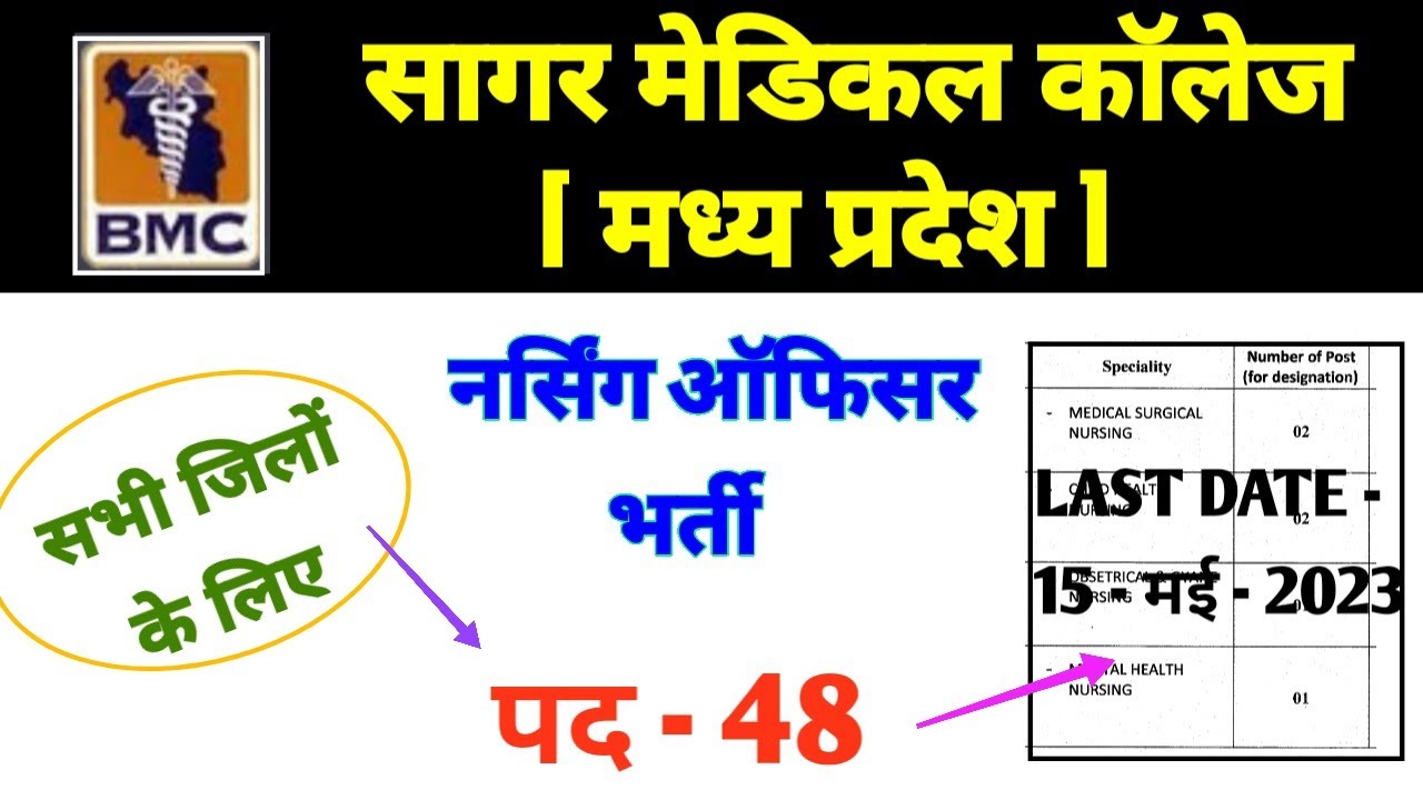 MP SAGAR MEDICAL COLLEGE BMC SAGAR POST 48 NURSING OFFICER Mp sagar medical college bmc sagar post 48 nursing officer
