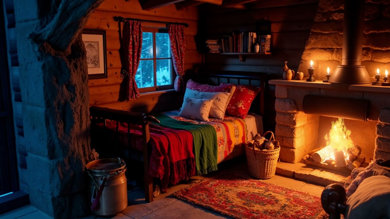 Candlelit Cabin Evening by the Fire | Peaceful Snowfall Ambience for Deep Relaxing Sleep