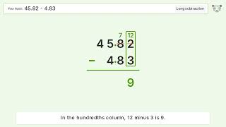 Long Subtraction Problem 45.82-4.83: Step-by-Step Video Solution