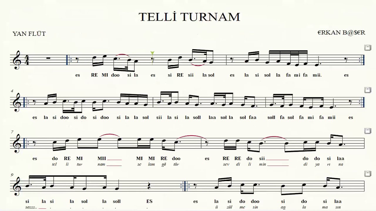 TELLİ TURNAM yan flüt notaları EŞLİKLİ nota takipli. YouTube