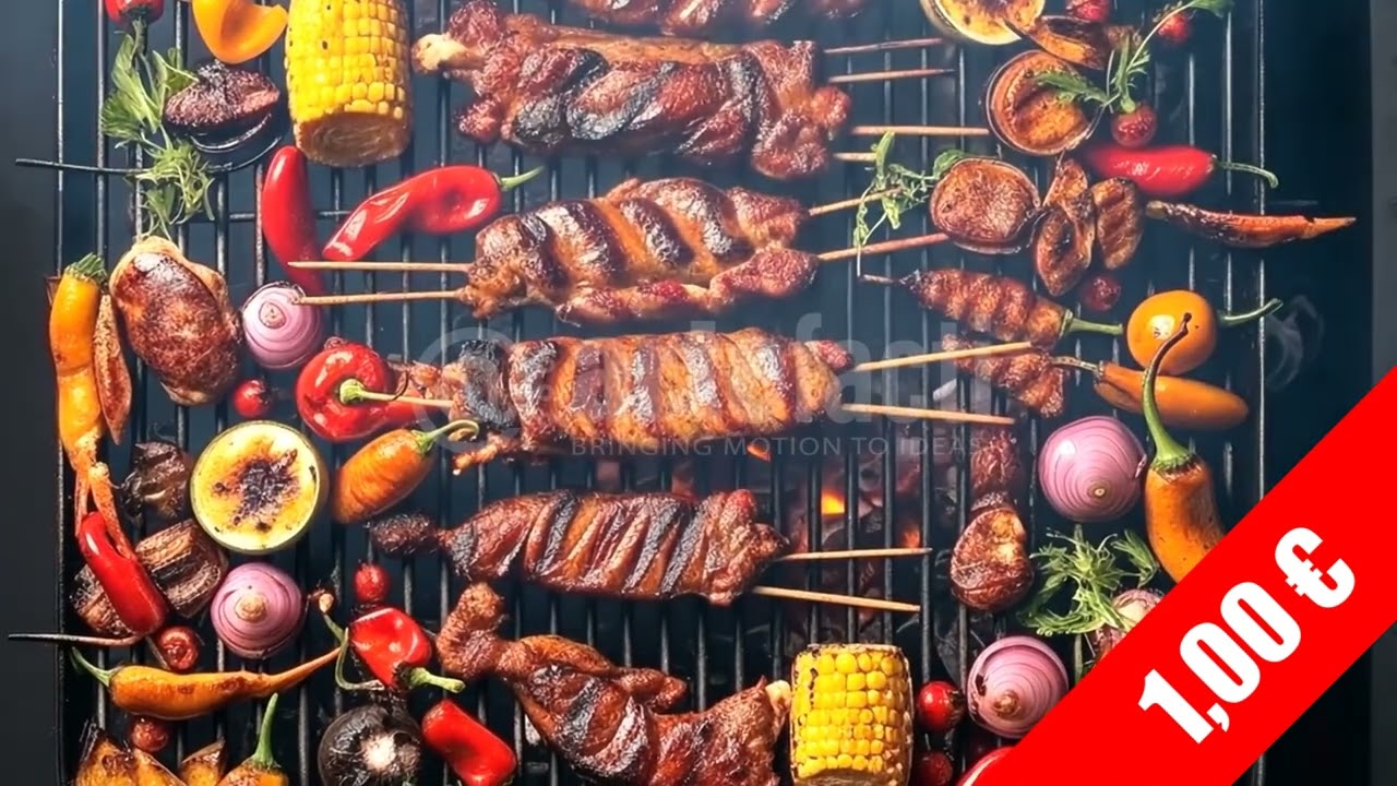 Crowded Grill with Skewers & Veg – Backyard BBQ Stock Footage (HD 1080p)