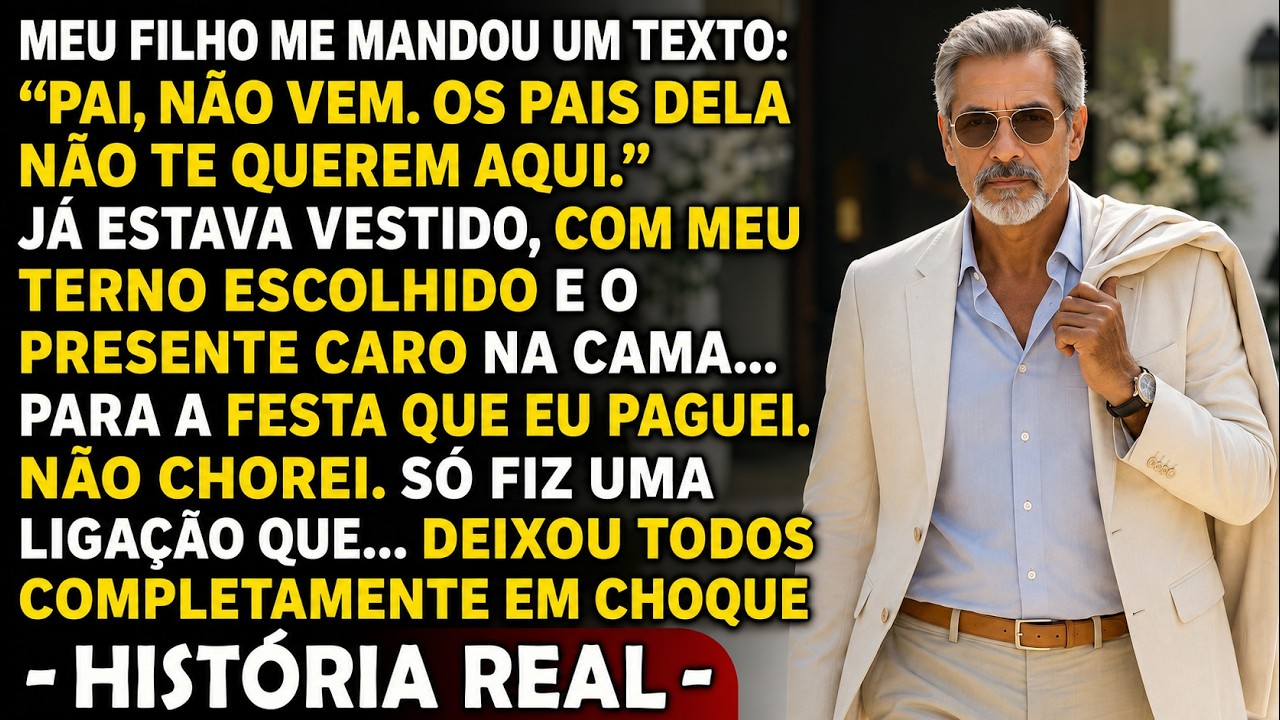 Eu estava no meu quarto, vestindo um paletó caro, quando recebi a mensagem do meu próprio filho: “Pai, não vem. Os pais dela não te querem aqui.” Eu tinha um cheque de 8 milhões no bolso para...