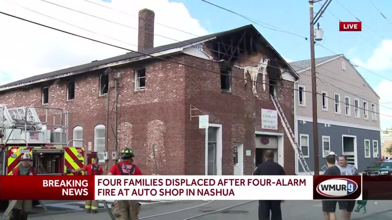 Four families displaced after 4-alarm fire at auto shop in Nashua - YouTube