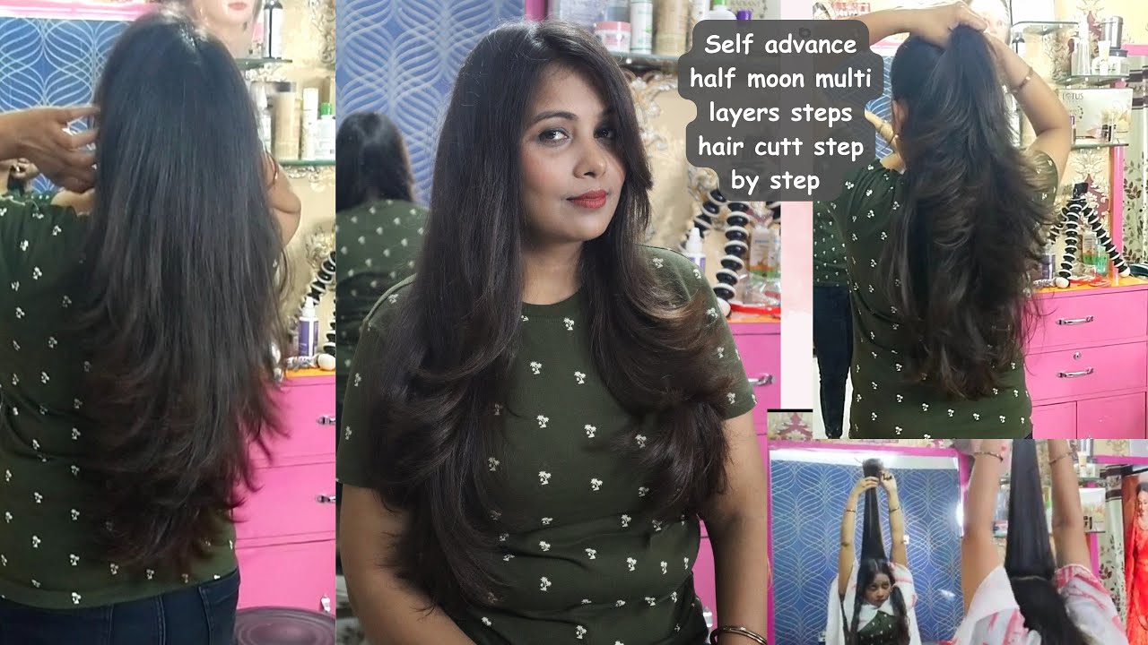 Self advance half moon multi layers steps hair air cutt || self multilayers steps cut ||self haircut