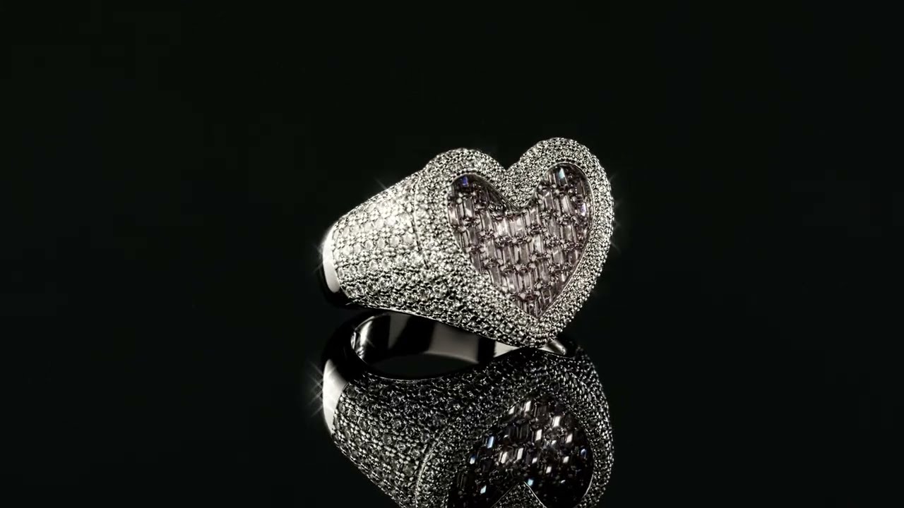 Iced Heart Ring - Solid 925 Silver Mens Ladies Pink Baguette CZ Hip Hop Sz 5-13