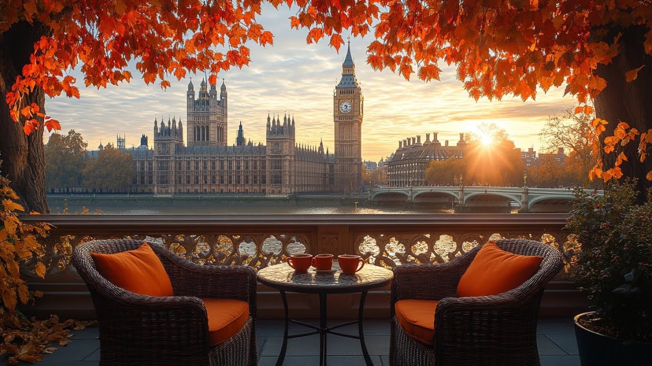 Autumn Jazz Coffee Shop Ambience - Relaxing Music with Iconic London Sunset View