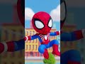 "Animated kids-style Spiderman jumping between colorful cartoon buildings, Kids SpidermanBaby Spider