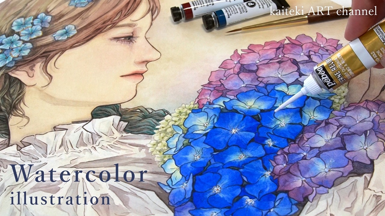 【水彩イラストメイキング】紫陽花と女の子🐌Behind the Scenes of a Beautiful Hydrangea Watercolor Illustration