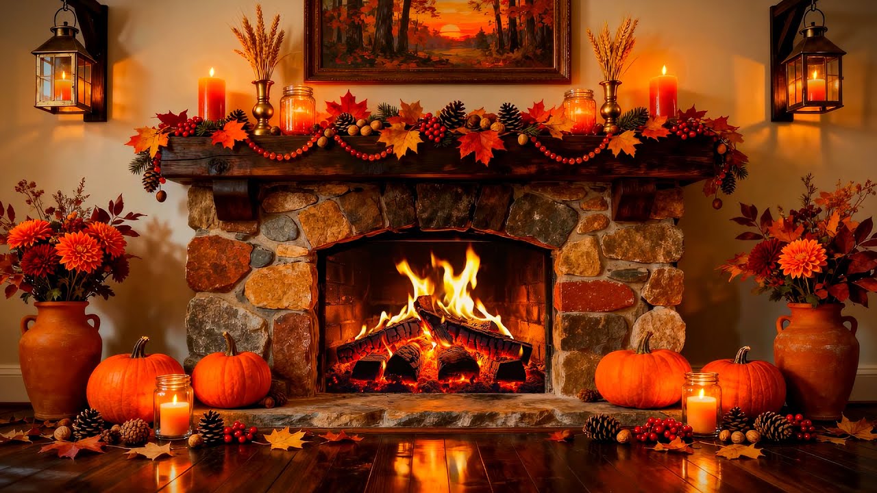 🔥 Warm Autumn Fireplace 12 Hours 🍁 Cozy Crackling Fire & Gentle Fall ...