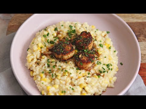 Summer corn risotto with blackened scallops, from the video