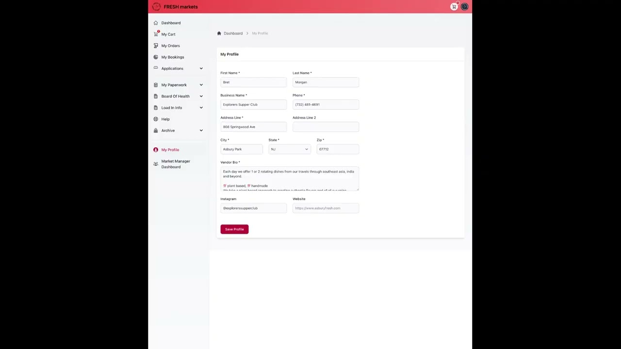 Updating Your Vendor Profile and Contact Information  FRESH Markets Vendor Dashboard