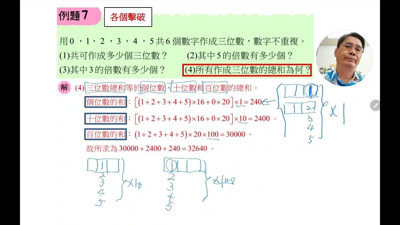 15.排列。直線排列。例題7(4)。所有三位數的總和。
