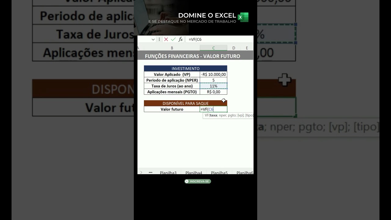 ⁣COMO UTILIZAR A FUNÇÃO FINANCEIRO VALOR FUTURO NO EXCEL | #shorts #excel