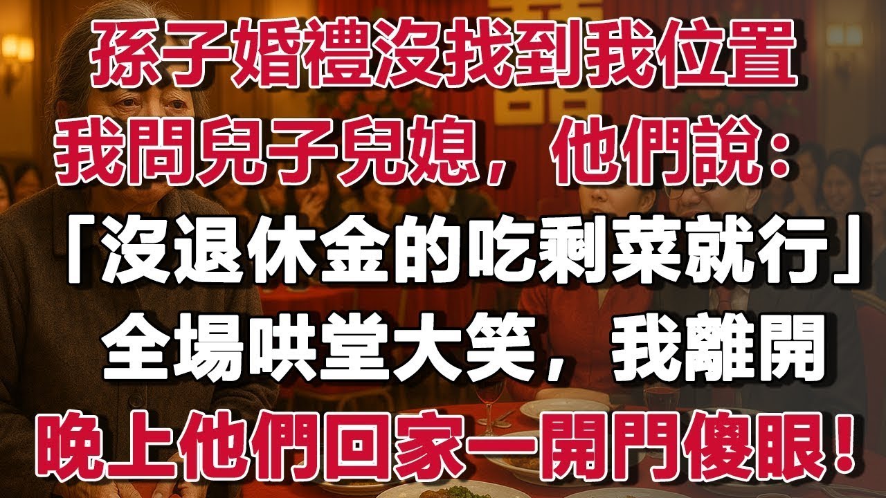 孫子婚禮沒找到我位置，我問兒子兒媳，他們說：「沒退休金的吃剩菜就行」全場哄堂大笑，我離開，晚上他們回家一開門傻眼了！  