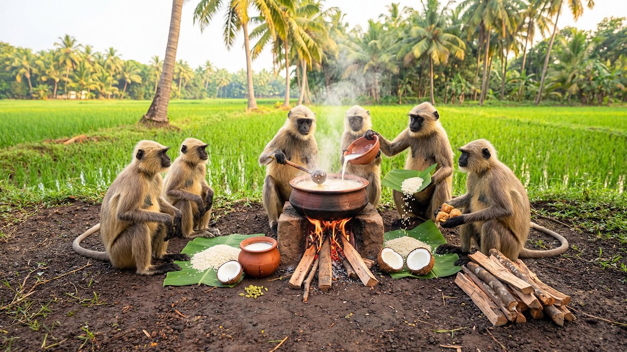 Village Monkeys Come Together to Make Traditional Rice Kheer 😮🔥 | Jungle Cooking