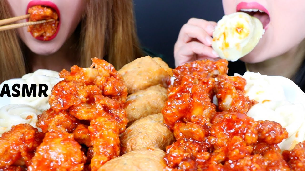 ASMR KOREAN FRIED CHICKEN + MANDU + YUBUCHOBAP 양념 치킨 만두 유부초밥 리얼사운드 먹방 | Kim&Liz ASMR
