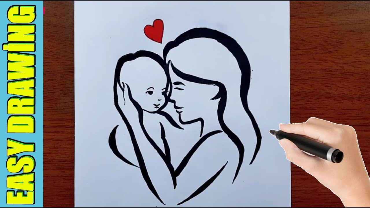 8 march women's day drawing baby and mother easy drawings - YouTube