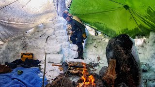 SOLO Bushcraft WINTER Camping | Build WARM SNOW SHELTER FIRE-PIT Inside | Blizzard & Cowboy Coffee