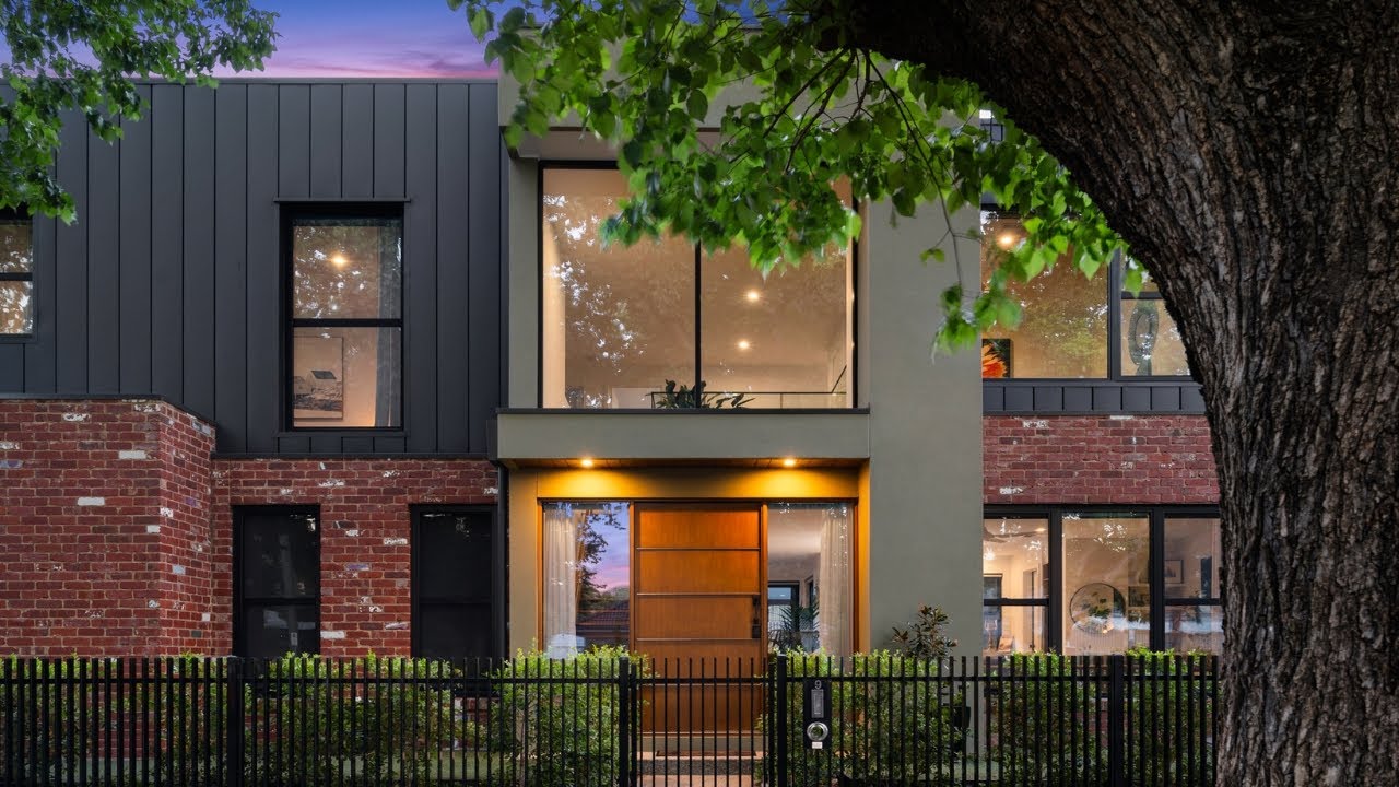 Architectural two storey home photographed at twilight at 9 Tramways Avenue, Bendigo