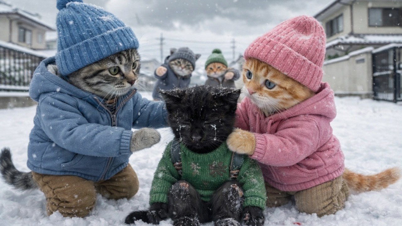 Two Kitten Help A Lonely Kitten Was Bullied In The Snow