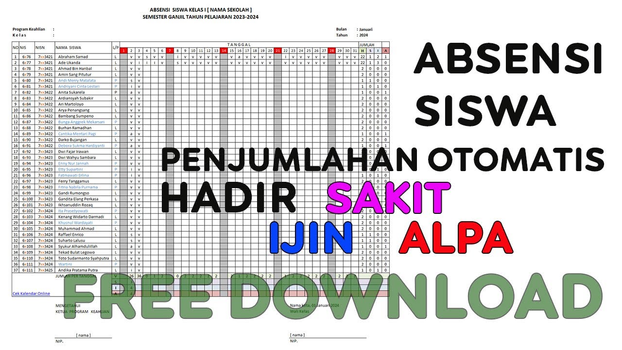 Cara membuat rumus excel penjumlahan otomatis absensi siswa sekolah