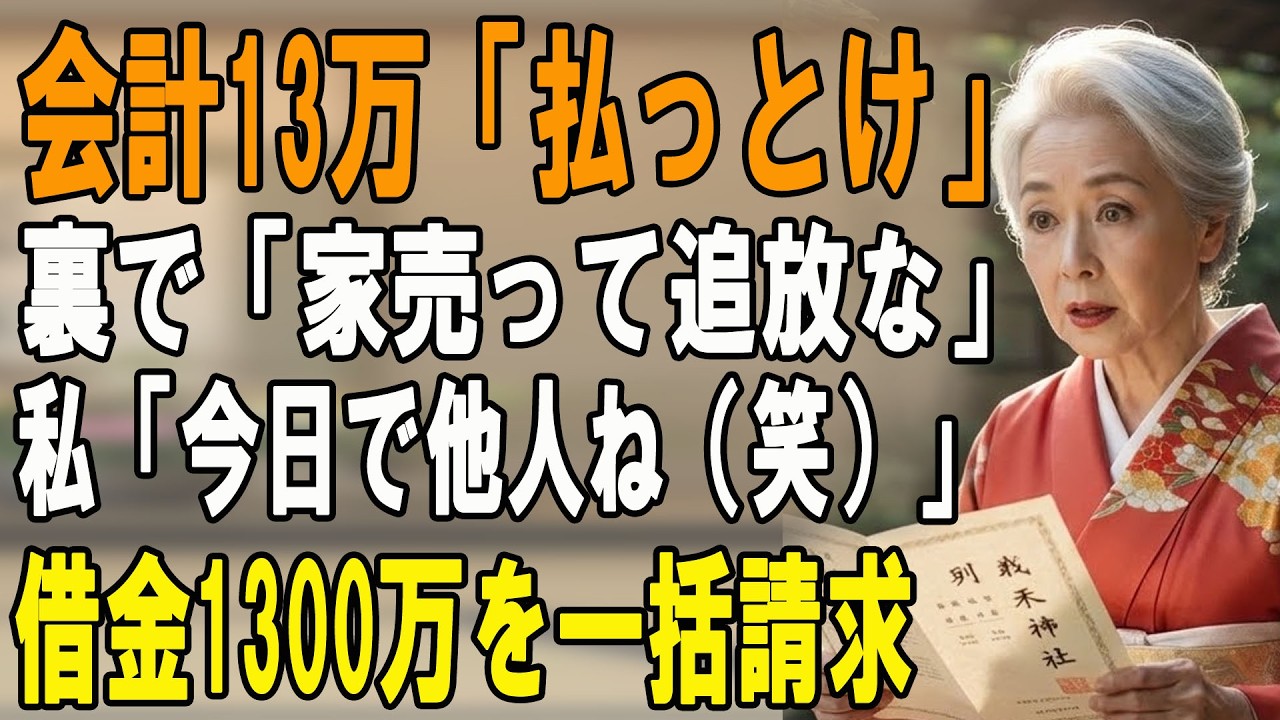 高級焼肉13万で「ババアは財布」と笑う嫁。「家売ってボロアパートへ追放ｗ」と企む息子→私「今日で他人です」借金1300万を一括請求してやった結果…【シニアライフ】【60代以上の方へ】