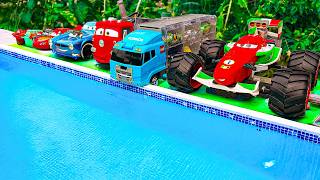 Disney Pixar Cars falling into deep pool, Lightning McQueen, Tow Mater, Mack, Sally, Francesco