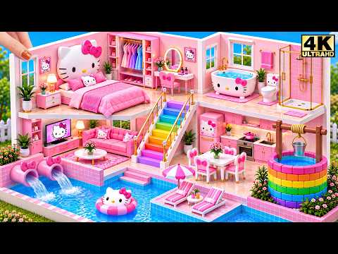 🎀🌈 Build Pink Hello Kitty Miniature House with Water Well & Pool Slides ❤️ DIY Miniature House