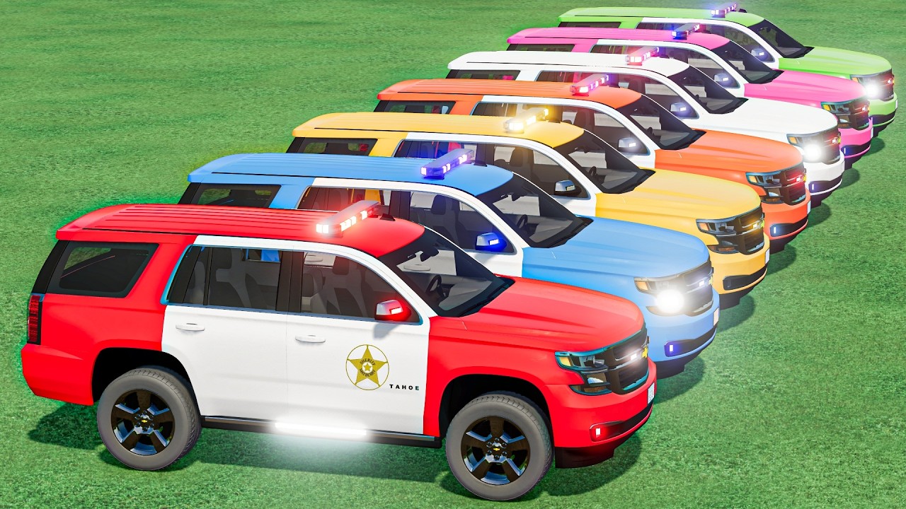 TRANSPORTING ALL COLORS POLICE CARS VEHICLES WITH TRUCKS ! BEAMNG DRIVE