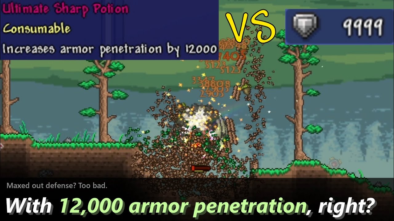 Killing Dungeon Guardian in Terraria with 12,000 Armor Penetration ─ to