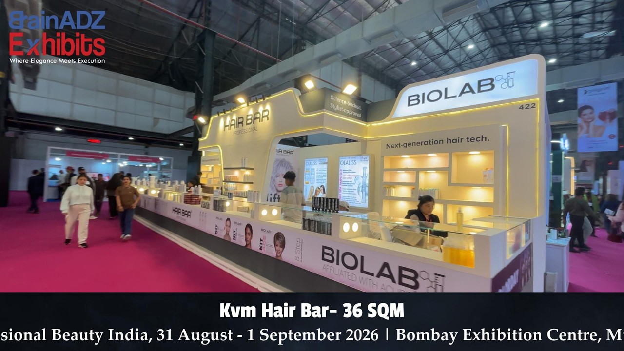 KVM Hair Bar | 36 SQM Exhibition Stall at Professional Beauty India 2026, Mumbai | BrainADZ Exhibits