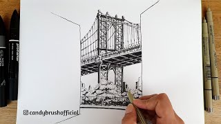 How to Draw the Manhattan Bridge | Pen & Ink Drawing #13