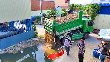 Talent Skill Landfill Full Mix Project ! Team Truck Unloading with Komatsu Bulldozer D20P push Stone