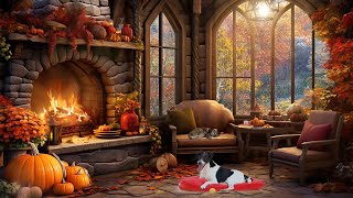 Cozy Rainy Day in Autumn with Crackling Fireplace, Dog and Cats  Peaceful Fall Music