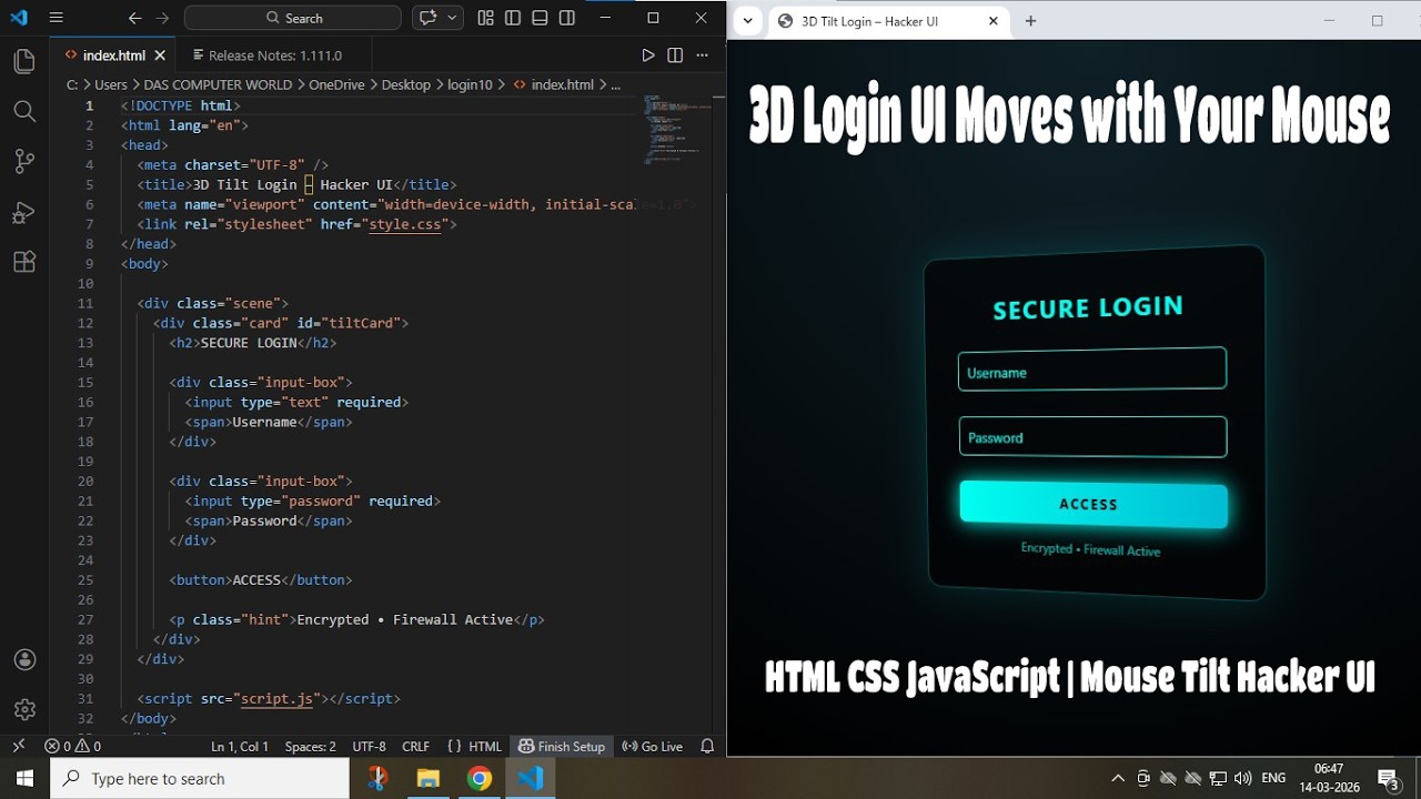 3D Login UI Moves with Your Mouse | HTML CSS JavaScript | Mouse Tilt ...