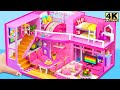 How to make design beautiful pink castle with three bedroom from cardboard  diy miniature house