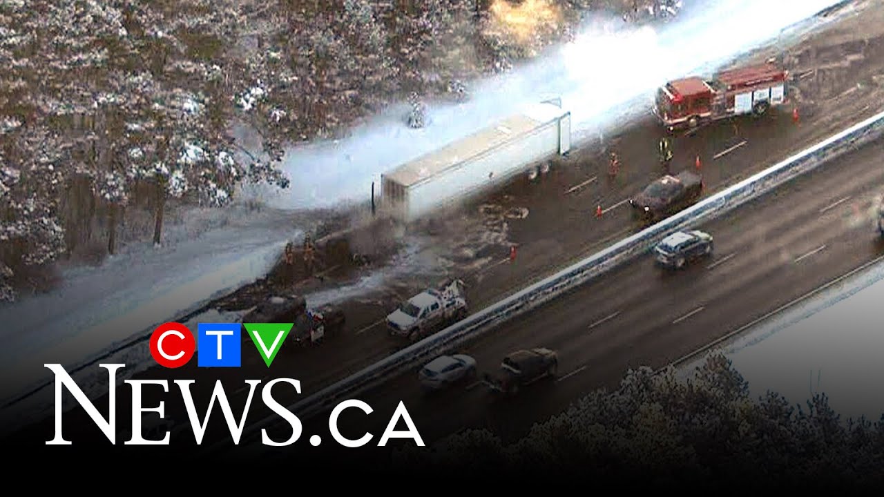 Tractor-trailer fire causes major traffic backup on Hwy. 400 - YouTube
