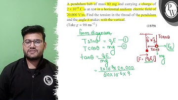 A pendulum bob of mass \( 80 \mathrm{mg} \) and carrying a charge of \( 2 \times 10^{-8} \mathrm...