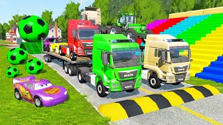 Flatbed Trailer McQueen Transportation with Truck - Speedbumps vs Cars vs Train - BeamNG.Drive #35 screenshot 5
