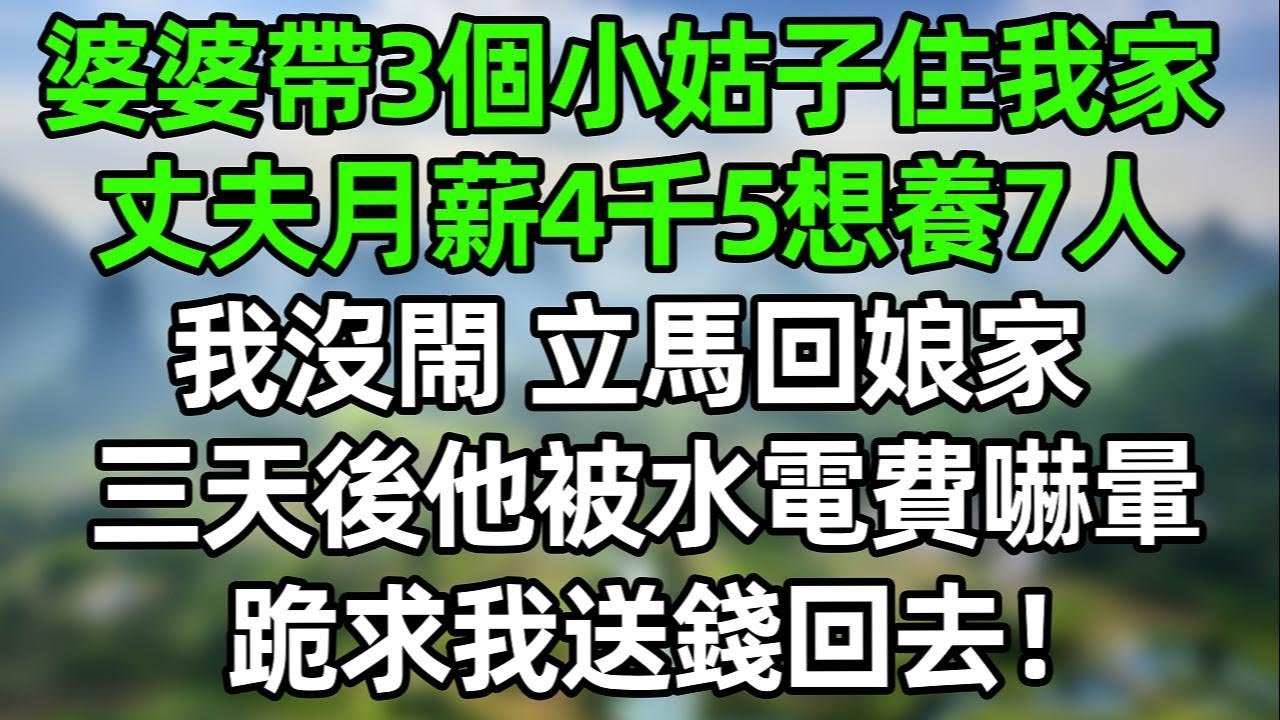婆婆帶3個小姑子住我家，丈夫月薪4500還想養7個人！我沒閙 立馬回娘家 三天後他被水電費嚇暈，跪求我送錢回去！#夜讀人生 #講故事  #幸福生活 #深夜淺讀 #深夜故事 #婆媳 #情感故事