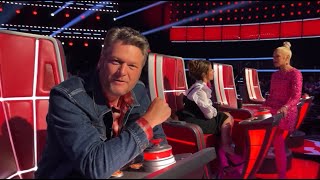 blake shelton at the voice with camila cabello and gwen stefani