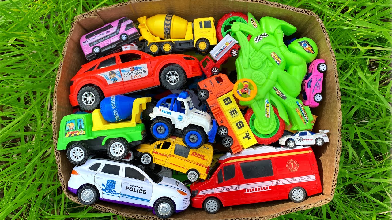 Box full of Nice Toy Vehicles! Police Car, Sports Bike, DHL Car, Mixer