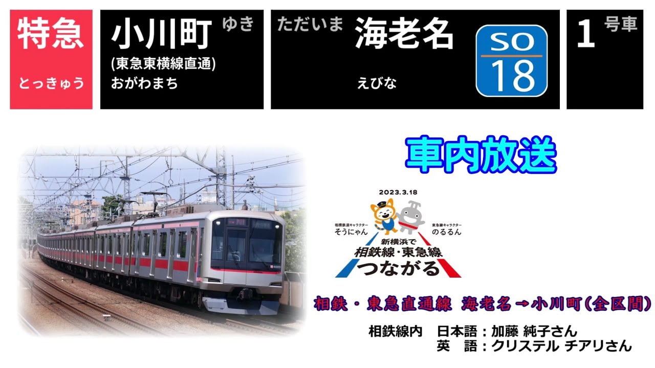 【車内放送】念願の開業!! 相鉄・東急直通線 特急 海老名→小川町(全区間) 車内アナウンス / Sōtetsu Shin-yokohama Line Train Announcements