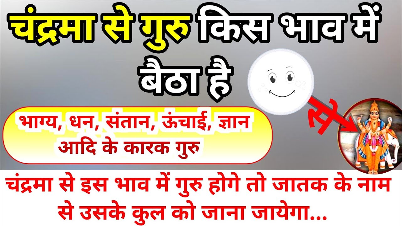 आपकी कुंडली में चंद्रमा से गुरु किस भाव मे बैठा है। जाने भाग्य, धन, संतान, ज्ञान की सटीक जानकारी।